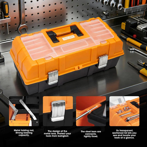 17 Inch Plastic Tool Box With 3 Tier Fold Out Trays, Heavy Duty Latches For Easy Metric Imperial Sorting, Portable Shop Case Built Tough For The Daily Grind And No Sweat Organization