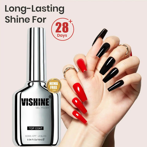 Hand with glossy red and black nails using 2 Pack Gel Top Coat And Base Coat Set No Wipe For Gel Nails Hema Free Long Lasting 28 Days Glossy High Shine