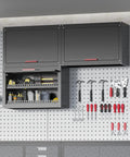 Beefy Garage Wall Cabinet With Up Flip Door Design, Adjustable Shelf, Magnetic System, Anti Fall Rails, Metal Tool Storage, black color.