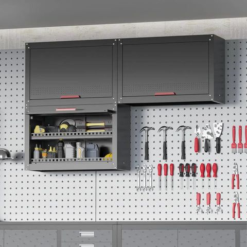 Beefy Garage Wall Cabinet With Up Flip Door Design, Adjustable Shelf, Magnetic System, Anti Fall Rails, Metal Tool Storage, black color.