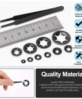 65Mn Steel Internal Tooth Star Lock Washers Set, 351 Piece Assortment For M2 To M12, showing washers, tweezers, and a ruler