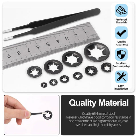 65Mn Steel Internal Tooth Star Lock Washers Set, 351 Piece Assortment For M2 To M12, showing washers, tweezers, and a ruler
