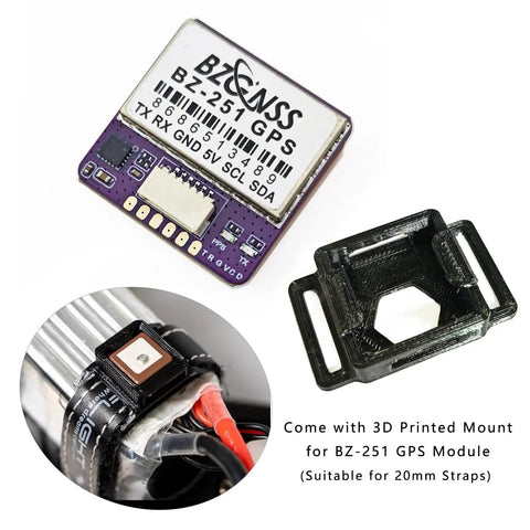 FPV GPS Module BZ251 with Bracket and M10 Chip GNSS Receiver, shown with 3D printed mount for drones and RC vehicles.