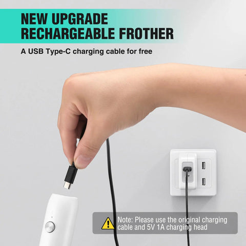 Top Shelf Handheld Rechargeable Milk Frother Wand And Electric Coffee Mixer connecting USB Type-C cable for charging