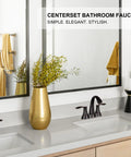 Oil Rubbed Bronze Two Handle 4 Inch Centerset Bathroom Faucet With Pop Up Drain And Included Supply Lines shown in modern vanity