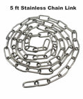 Heavy Duty 304 Stainless Steel Chain Three Thirty Second Inch By Five Feet With Welded Closed Links And Dual Locking Carabiner Hooks For Outdoor Fence Or Dog Tether Weather Ready And Rust Proof shown coiled on white background