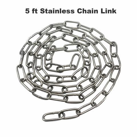 Heavy Duty 304 Stainless Steel Chain Three Thirty Second Inch By Five Feet With Welded Closed Links And Dual Locking Carabiner Hooks For Outdoor Fence Or Dog Tether Weather Ready And Rust Proof shown coiled on white background