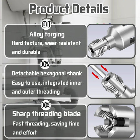 Product details of Premium 2-Piece PVC Pipe Threading Tool Kit. Features metal alloy construction, hexagonal shank, and sharp threading blade.