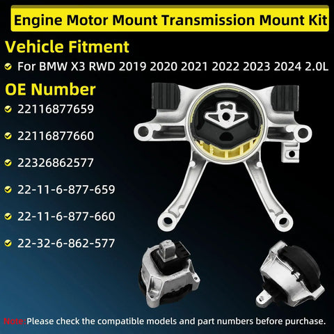 Engine Mount And Transmission Mount Kit For X3 RWD 2019 2020 2021 2022 2023 2024 2.0L Three Piece Set with part numbers