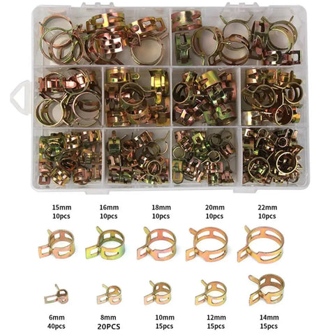 Super Tough 155PC Hose Clamp Assortment Kit With Sizes 6mm To 22mm Perfect For Cars Trucks And Water Piping Projects That Need Zero Rust Or Leaks. zinc plated clamps in storage box, assorted sizes