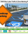 Top Shelf Pro Grade Blue Acrylic Latex Paint For Handicap Zone Marking And Commercial Parking Lot Striping Works Like A Charm In A Solid Five Gallon Bucket displayed in a parking lot with blue handicap markings.