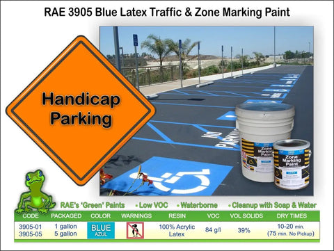 Top Shelf Pro Grade Blue Acrylic Latex Paint For Handicap Zone Marking And Commercial Parking Lot Striping Works Like A Charm In A Solid Five Gallon Bucket displayed in a parking lot with blue handicap markings.