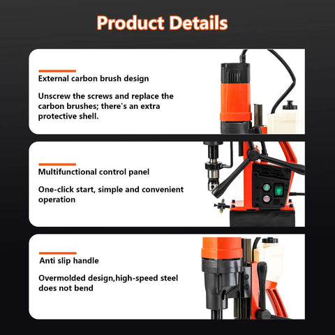 Heavy Duty 110V Magnetic Drill Press With 1800W Copper Core Motor Portable Mag Drill Kit detail view showing external carbon brush and control panel.