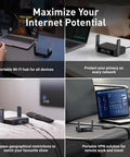 Dual Band WiFi 7 Travel Router With 2.5G Ethernet Ports And USB 3.0 Pocketable VPN Router showcased with various devices.