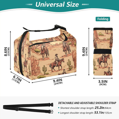 Cowboy Themed Lunch Bag Insulated Tote With Big Capacity For Work, Picnics, And Camping, showing size dimensions and folding feature.