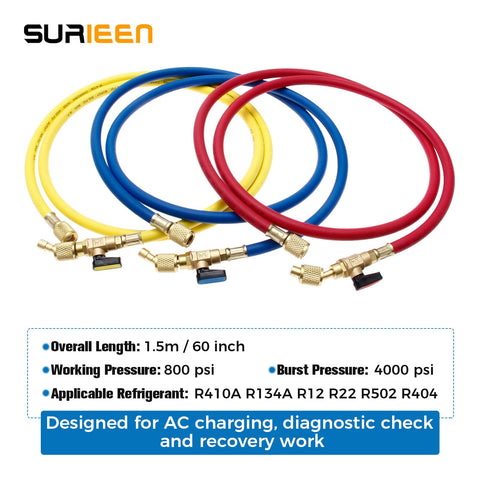 60 Inch Refrigerant Charging Hose With Ball Valves For R410A R134A R22 R12 R502 R404 With One Quarter Inch SAE Fittings