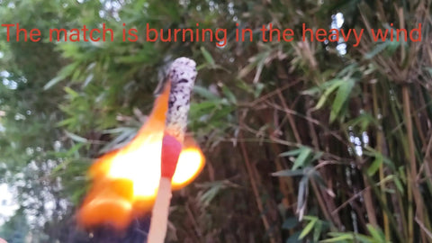 Windproof match from Comprehensive Survival Kit With Windproof 2.6 Inch Matches in Waterproof Case burning brightly outdoors.