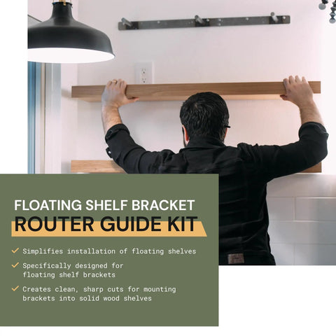 Man installing shelf using Floating Shelf Bracket Router Guide Kit With Precision Router Bit For Inset Installations And Hidden Bracket Recess