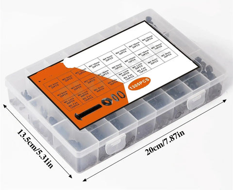 All In One 1305 Piece Metric Screw And Nut Kit with transparent case showing labeled compartments in 13.5x20cm dimensions