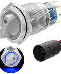 Three Position 19mm Rotary Switch With Blue LED Indicator For 12V 24V DC Or AC, Latching DPDT 2NO 2NC 8Pin On Off On, stainless steel housing