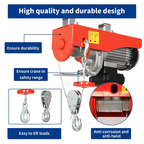 Beefy 1320 Lb Electric Hoist With Remote Control 110V showing durable design and anti-twist wire, includes safety features.