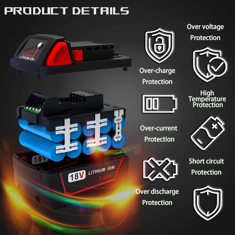 Heavy Duty 5000MAh Replacement Battery For Milwaukee M18 18V Cordless Power Tools Two Pack shows battery structure and protection features.