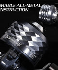 Spincast Fishing Reel With All Metal Gears And 3.9 To 1 High Speed Ten Pound Drag Push Button Casting For Bass Trout And Catfish Left Or Right Hand Retrieve Includes Monofilament Line Built Tough For Freshwater with all-metal construction.