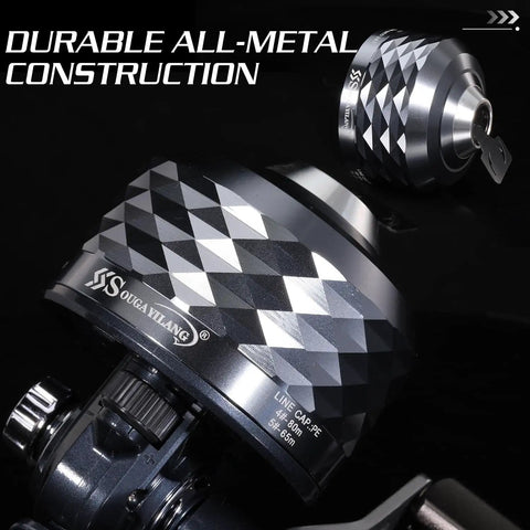 Spincast Fishing Reel With All Metal Gears And 3.9 To 1 High Speed Ten Pound Drag Push Button Casting For Bass Trout And Catfish Left Or Right Hand Retrieve Includes Monofilament Line Built Tough For Freshwater with all-metal construction.