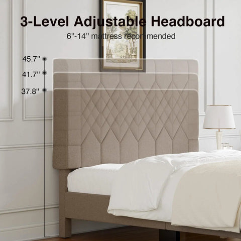 Cozy Queen Bed Frame With Upholstered Linen Headboard heavy duty wooden slats adjustable 3-level headboard in beige.