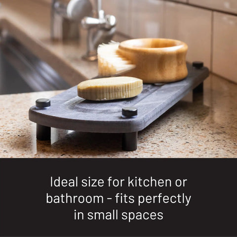 Top Tier Sink Organizer Tray Crafted From Ultra Absorbent Diatomaceous Earth Stone With Rugged Stainless Legs For Quick Drying Kitchen Counter Setup That Kills Puddle Problems, 10 x 4 inches, featuring soap and scrub pads.