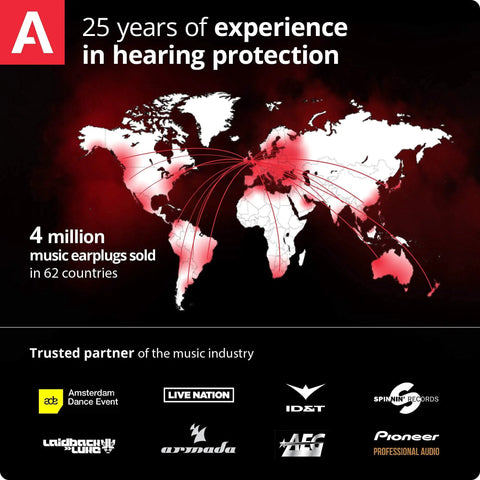 Map showing 25 years of experience in hearing protection, selling 4 million earplugs in 62 countries, partner logos displayed.