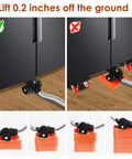 Demonstration of 4 Pcs Heavy Duty Furniture Dollies With 360 Degree Spin Wheels and Carbon Steel build lifting a fridge 0.2 inches.