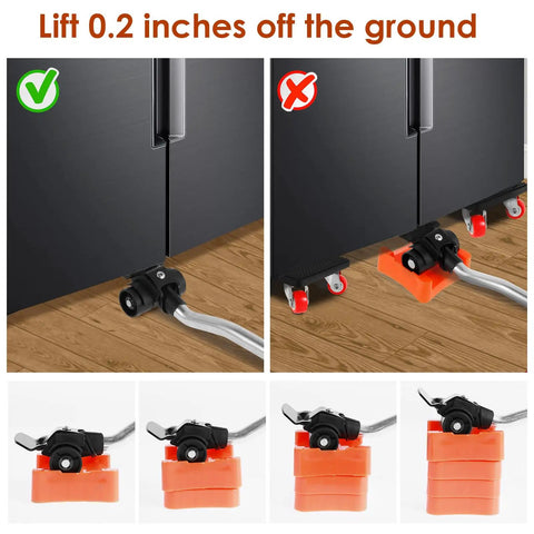 Demonstration of 4 Pcs Heavy Duty Furniture Dollies With 360 Degree Spin Wheels and Carbon Steel build lifting a fridge 0.2 inches.