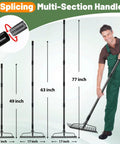 Heavy Duty Bow Rake With 63 Inch Handle And 17 Tines, multi-section handle, man holding yard rake for various lengths.