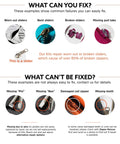 Diagram showing zipper repair kit for hoodies, jeans, handbags with 11 metal sliders, 4 end stops, 6 top stops and uses.