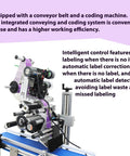 Industrial Grade Automatic Flat Surface Label Applicator With Touchscreen Control And Auto Photo Sensor on conveyor belt.