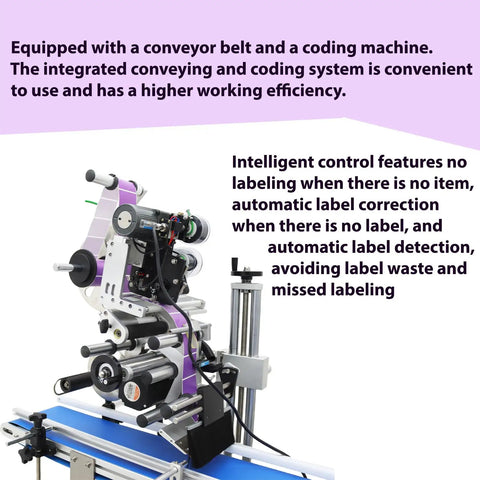 Industrial Grade Automatic Flat Surface Label Applicator With Touchscreen Control And Auto Photo Sensor on conveyor belt.