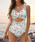 One Piece Women Swimsuit With Removable Padded Cups, Pink Flamingo And Leaves Rash Guard Style, Quick Dry for Yacht Life, Size X Large