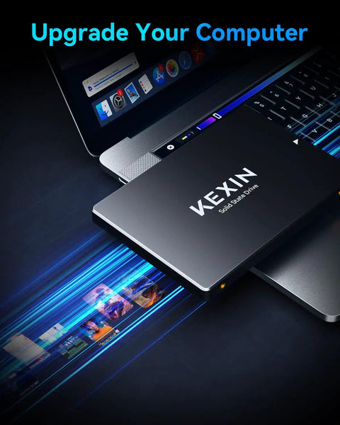 2.5 Inch 128GB SATA III Internal SSD Upgrade for laptops and desktops shown near a laptop keyboard with data flow animation