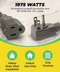Heavy Duty Extension Cord 3 Ft With Flush To Wall Angle Plug For Air Conditioners And Major Appliances 14 Gauge 3 Conductor 1875 Watts