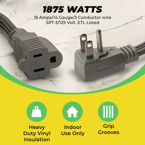 Heavy Duty Extension Cord 3 Ft With Flush To Wall Angle Plug For Air Conditioners And Major Appliances 14 Gauge 3 Conductor 1875 Watts