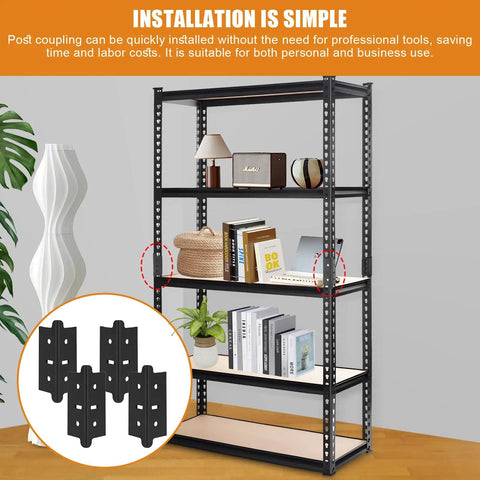 Built Tough Post Coupling Connector For Steel Shelving Posts Fits Up To 1.25 Inches Wide shown on a black metal shelf