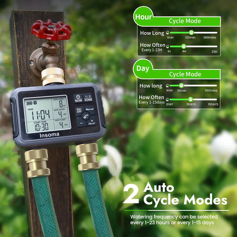 Two Zone Water Timer For Garden Hose With Brass Inlet Easy Set Outdoor Irrigation Controller displaying auto cycle modes