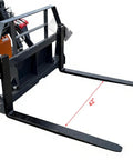 Close-up of pallet forks attachment for 23 HP Mini Skid Steer Loader With Bucket And Pallet Forks For Garden And Yard Work Farm Jobs Parks Roads And Construction Sites EPA Gasoline Engine In Stock USA Ready For Any Jobsite