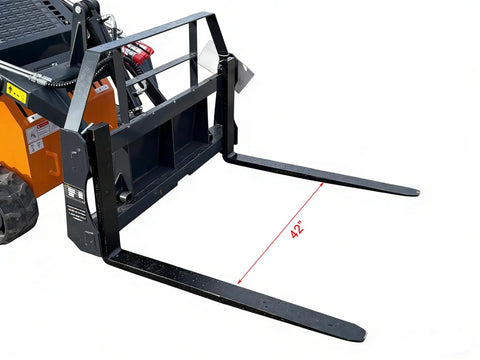 Close-up of pallet forks attachment for 23 HP Mini Skid Steer Loader With Bucket And Pallet Forks For Garden And Yard Work Farm Jobs Parks Roads And Construction Sites EPA Gasoline Engine In Stock USA Ready For Any Jobsite
