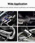 Heavy Duty 2.25 In Triangle Exhaust Split Flange Repair Kit Built From Beefy Carbon Steel, shown in various vehicle exhaust setups.