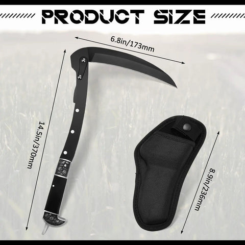 Two Pack Black Folding Sickle Fourteen Point Six Inch Grass Hand Sickle With Wooden Handle Portable Safety Manual Garden Tool displayed with sheath and measurements