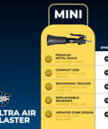 Ultra Air Blaster Mini Car Detailing Tool features premium metal build, compact size, and ergonomic trigger in yellow packaging.