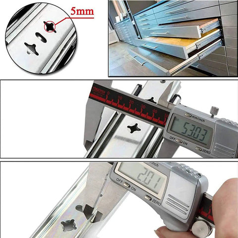 Heavy Duty Full Extension Drawer Slides That Lock Down Solid, Dual Row Ball Bearing Runners, measuring 5mm, 53mm and 20mm.