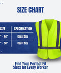 Size chart for High Visibility Reflective Safety Vest For Men And Women ANSI ISEA Class 2 Neon Yellow Mesh Vest